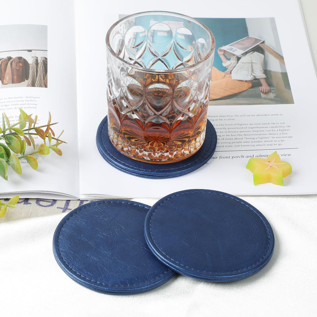 Leather Coasters Set of 6 with Holder, Tabletop Protection, Coffee Table & Bar Decoration, Modern-Style Drink