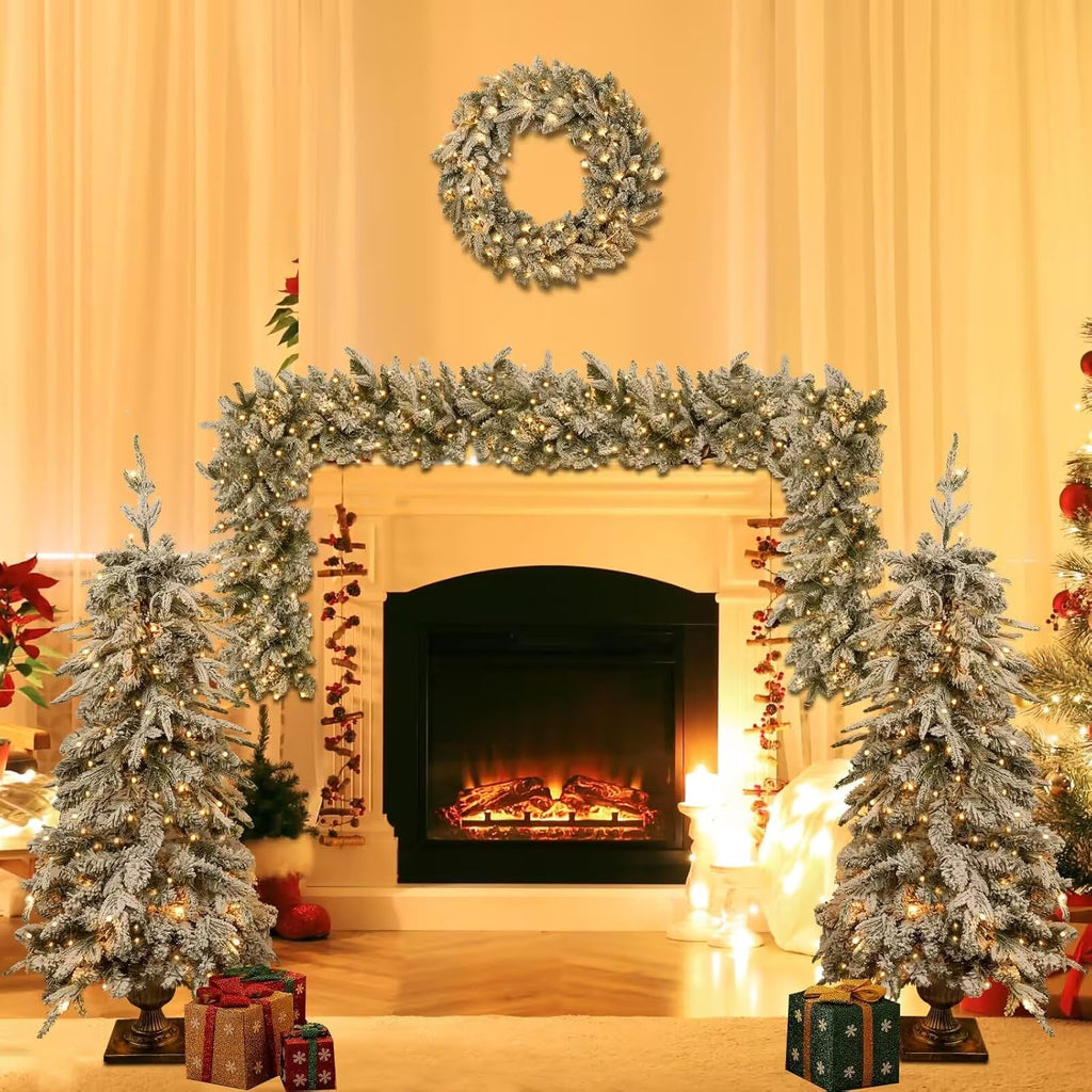 Pre-lit Christmas Artificial Tree 4-Piece Set, Garland, Wreath and Set of 2 Entrance Trees, X-mas with LED Lights