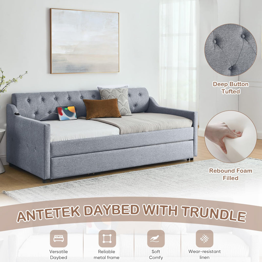 Daybed with Pop Up Trundle, Modern Button Tufted Linen Upholstered Sofa Bed Frame, Twin to King Size Day Bed w/USB &