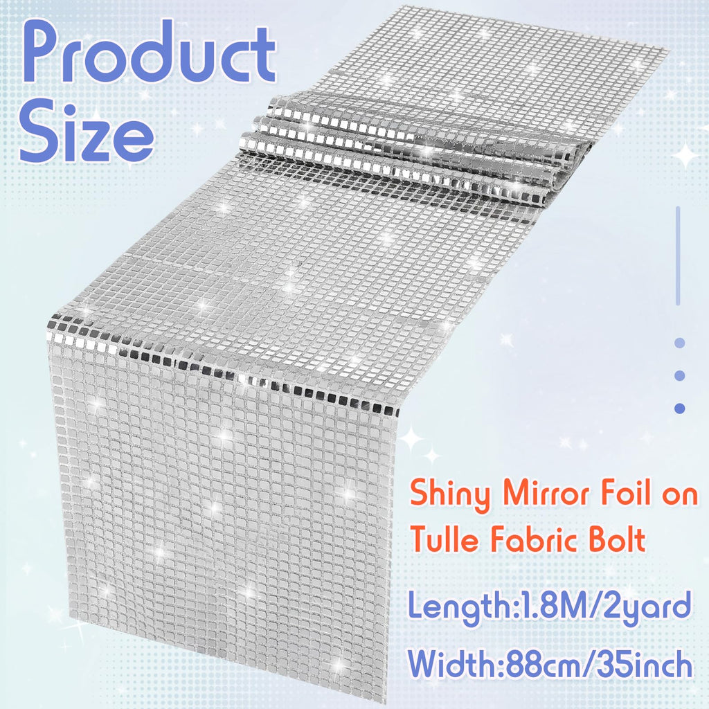 Disco Ball Fabric 35 x 71 Inch Silver Sequin Table Runner, Wide Sparkle Decorative Fabric for Disco Party