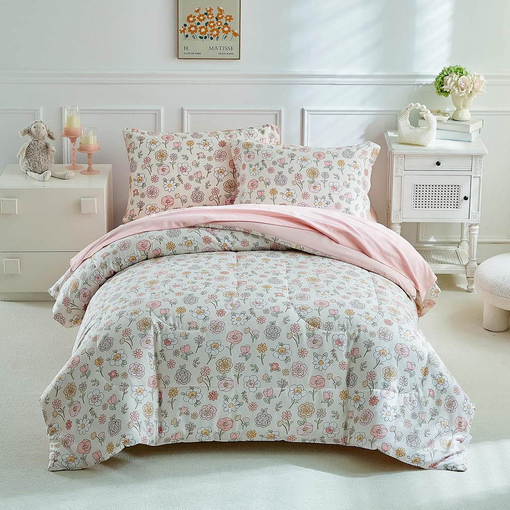 Floral Twin Comforter Set,5 Pieces Twin Bedding Set for Girls,Twin Bed in a Bag, All Season Kids Sheet Set with