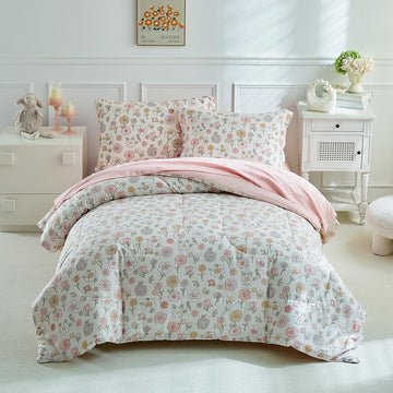 Floral Twin Comforter Set,5 Pieces Twin Bedding Set for Girls,Twin Bed in a Bag, All Season Kids Sheet Set with