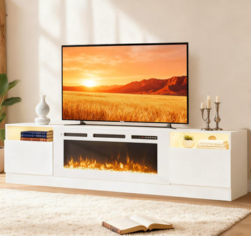 80" Fireplace TV Stand for TVs Up to 90", LED Light Entertainment Center with 36" Electric Fireplace, Modern Wood