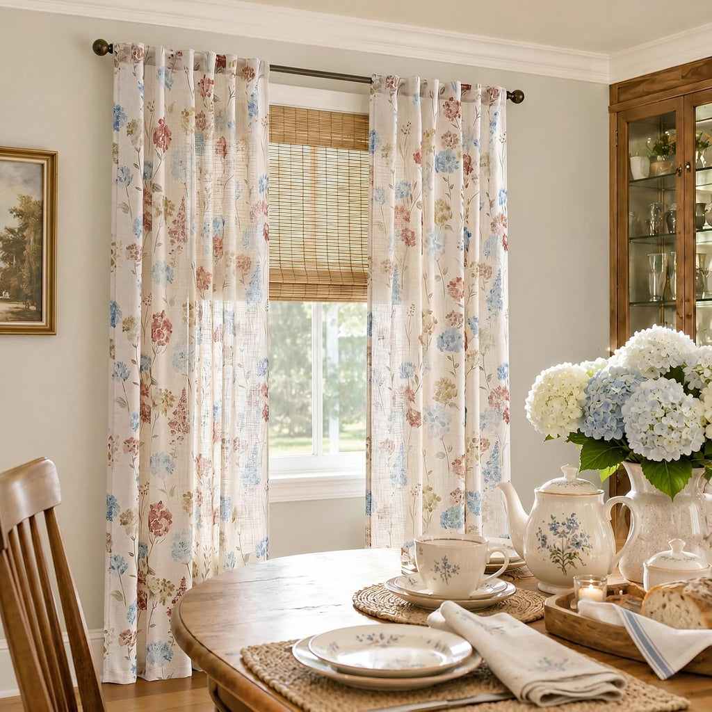Vanya Floral Linen Blend Curtains 84 Inches Long for Living Room Bedroom, Light Filtering Semi Sheer Drapes, Vintage