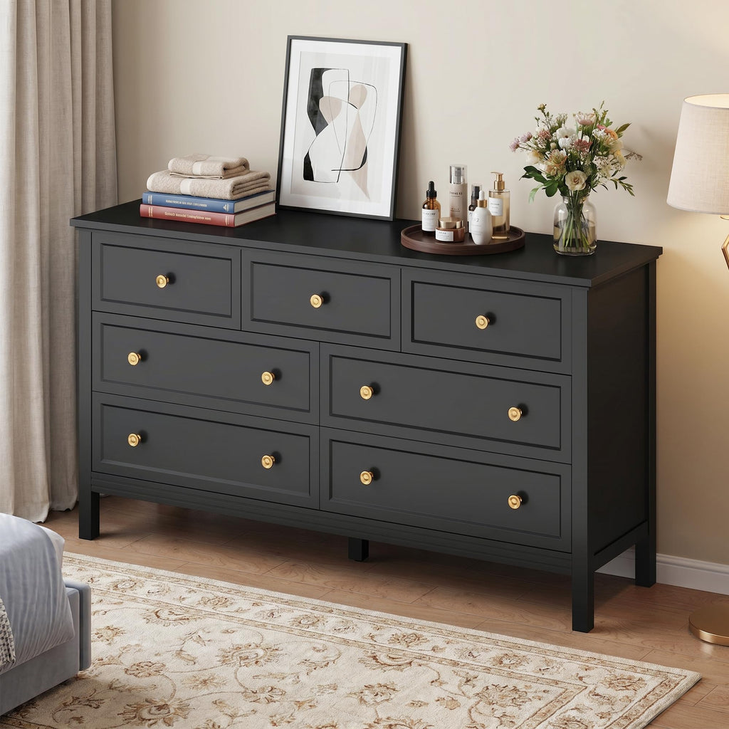 Black Dresser with Gold Handle Modern 7 Drawer Dresser, Wood Chest of Drawer Closet Clothes Storage Organizer, TV