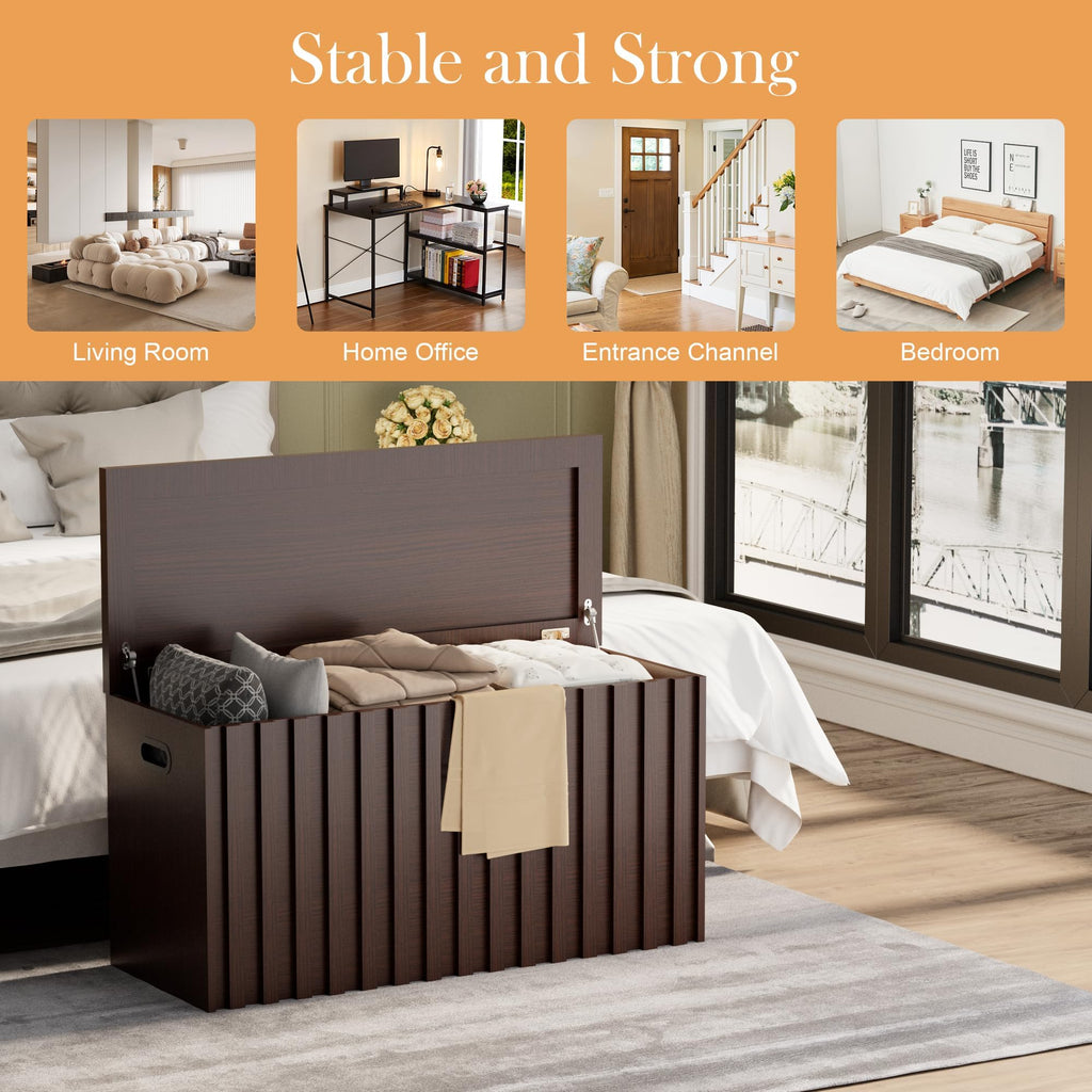 Storage Bench, 39.4" Wood Box, Storage Trunk with 2 Safety Hinges, Ottoman Storage Chest, Fluted Storage Bench (Walnut)