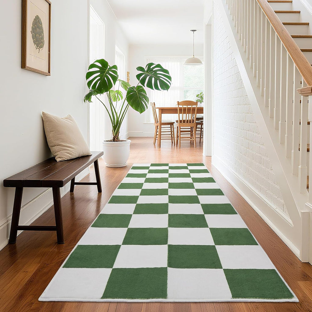 Washable Checkered Rug, 5x7 ft Green and White Rug, Low Pile Area Rugs with Non-Slip Backing Playroom Classroom