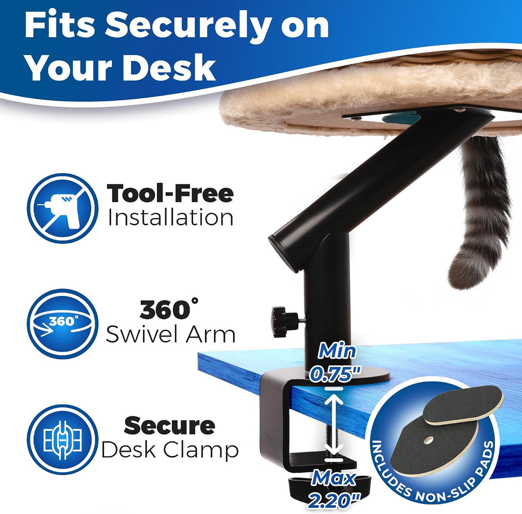Cat Desk Bed - Rattan Elevated Desk Cat Bed Attachment with Removable Washable Cushion, 360° Swivel Arm, Secure Clamp