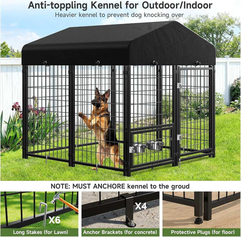 Dog Kennel Outdoor, Outside Dog Kennel with Roof & Swivel Feeders/Removable Doggy Door Allow Connecting Your Dog