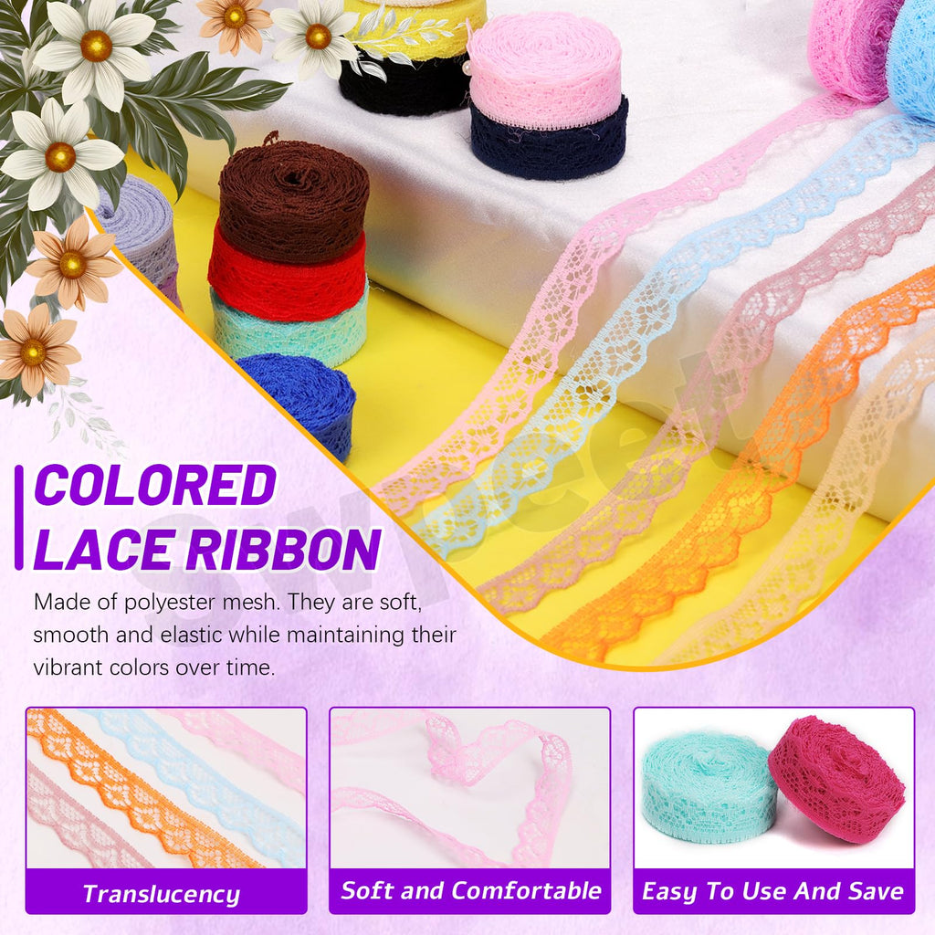 20 Rolls in Total 200 Yards 1.5cm×10 Yards Colorful Lace Ribbon Floral Pattern Fabric Lace Ribbon, Vintage Lacing