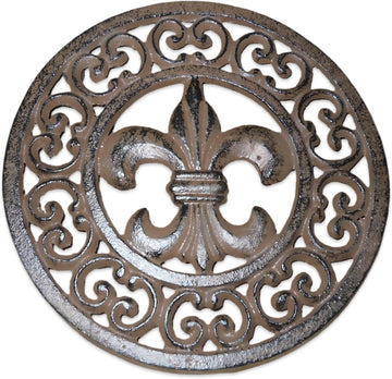 Cast Iron Round Fleur Plaque Sign Rustic Saints Trivet French
