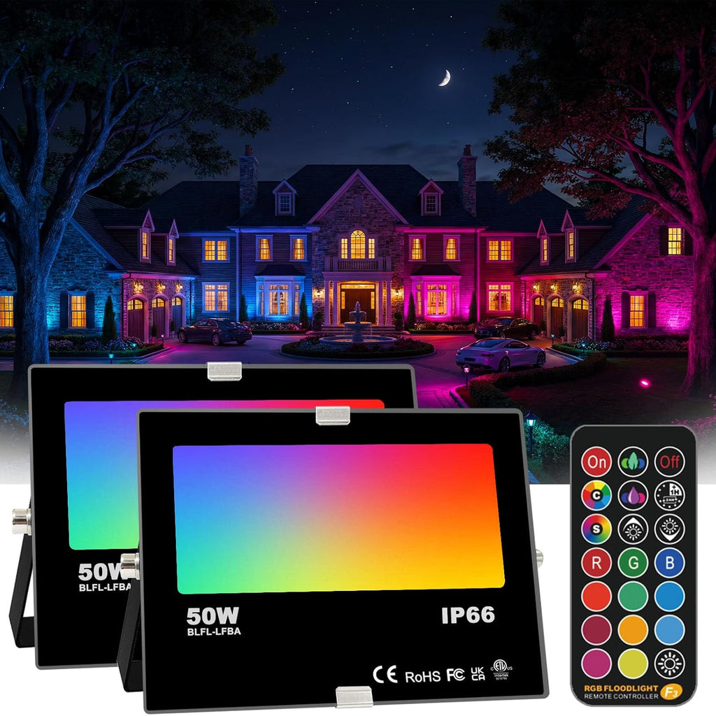 RGB Led Flood Light 50W, Outdoor Color Changing DIY Customized Strobe Mode, Stage Landscape Lighting,Floodlights 12