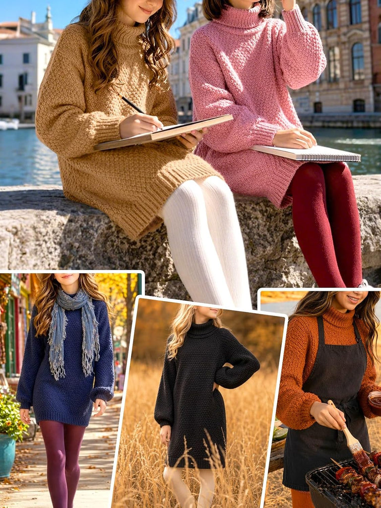 Turtleneck Knit Sweater Dress Lantern Balloon Sleeve Casual Loose Fall Winter Pullover Mini Dresses