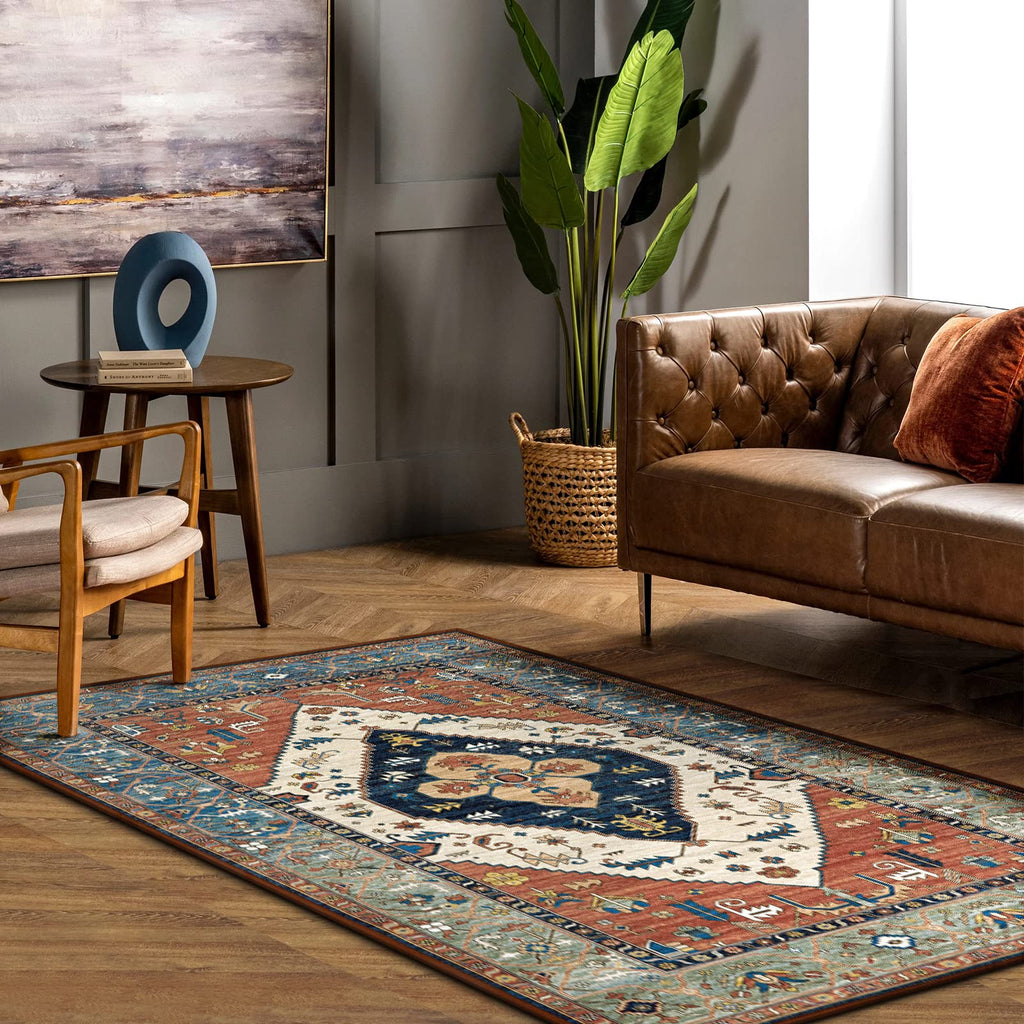 Oriental Washable Rug, Boho Entryway Dorm Rug with Non Slip Backing, Vintage Tribal Medallion Low Pile