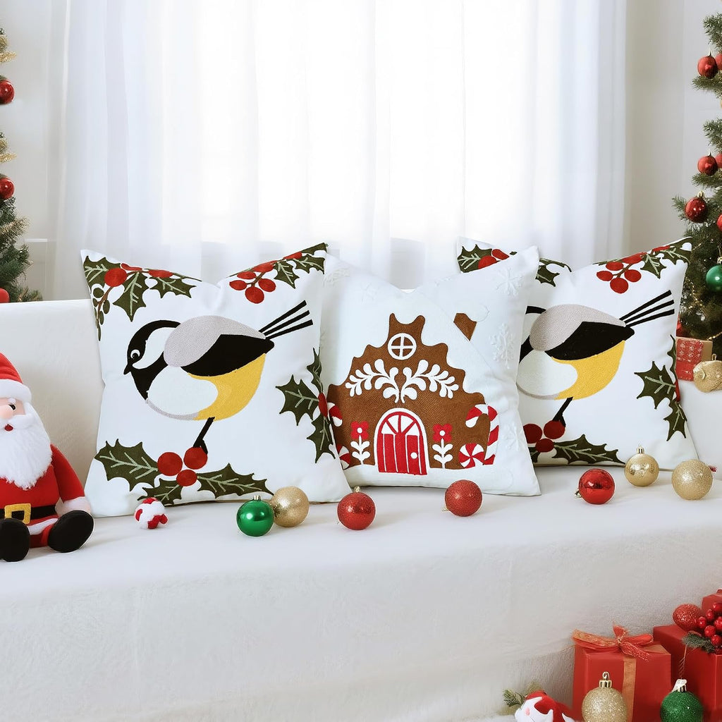 Christmas Pillow Covers 18x18 Inch, Cute Bird Decorative Throw Pillow Cover, Embroidered Square Pillowcases Winter