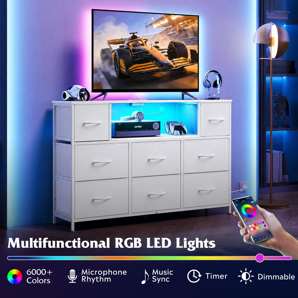 LED TV Stand for 55 Inch TV, 8 Fabric Drawers, White