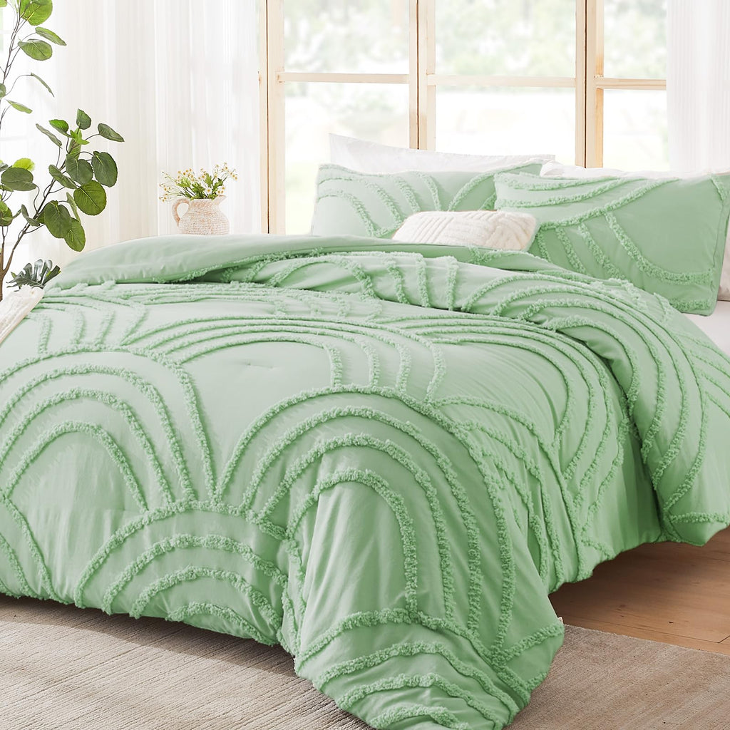 Green Boho Comforter Set Queen - Queen Size Comforter Sets, 3 Pieces Boho Tufted Rainbow Bedding Comforters for All