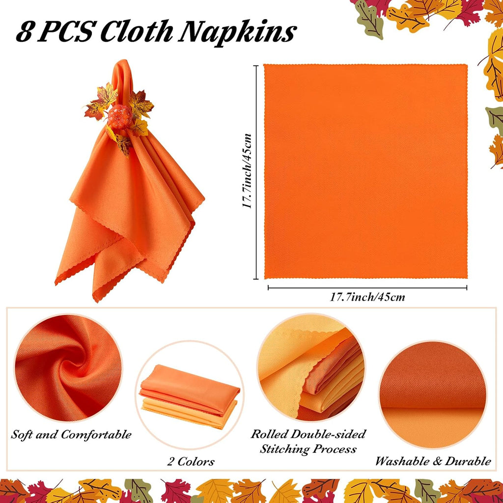 Fall Thanksgiving Decorations, Fall Cloth Napkins & Napkin Rings - Set of 16