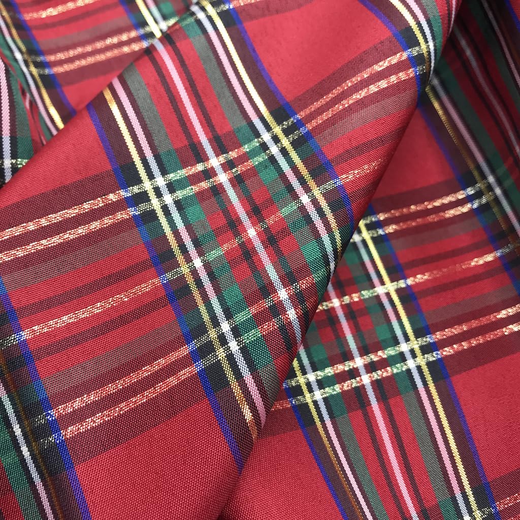 72x57 Inch Red & Green Lurex Tartan Plaid Taffeta Fabric with Metallic Gold