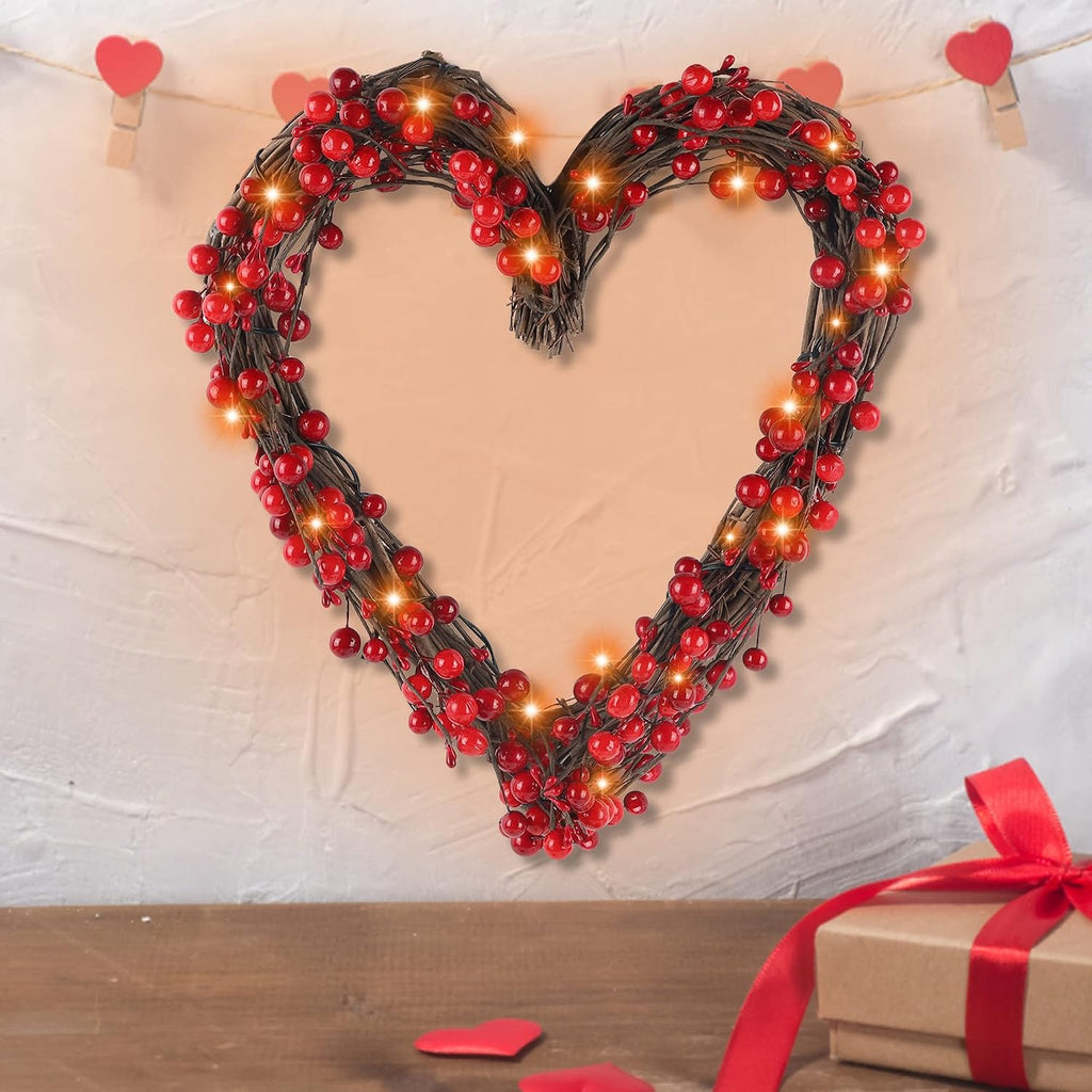 Valentine's Day Wreath, 15" LED Lighted Red Berry Heart Shaped Valentines Wreaths for Front Door, Battery Operated
