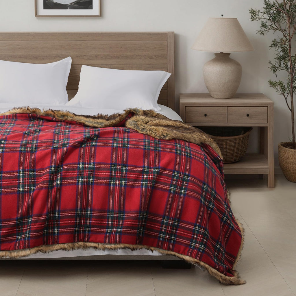 Luxury Plush Faux Fur Throw Blanket with Red Plaid Pattern, Super Warm, Fuzzy, Elegant, Fluffy Decoration Christmas