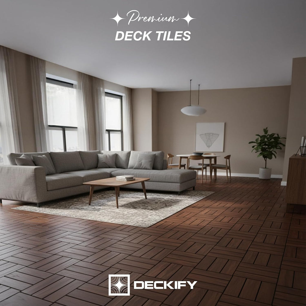 9Pcs Acacia Wood Interlocking Patio Deck Tiles, 12 x 12 x 0.9 Inch Outdoor Flooring, Waterproof for All-Weather Use