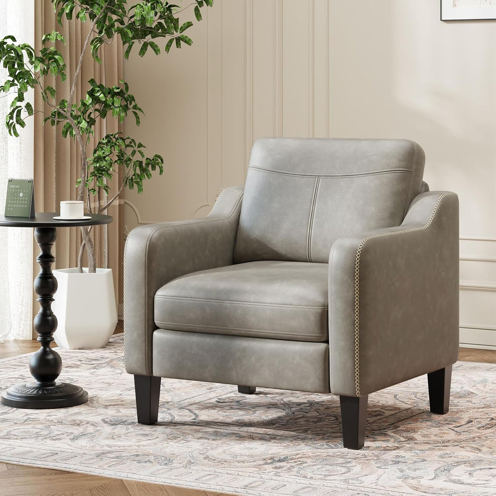 PU Leather Accent Chair, Mid-Century Modern Living Room Armchair Sofa with Removable Cushions, Solid Wood Frame &