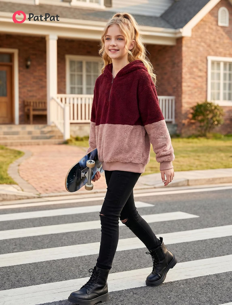 Girls Fuzzy Hoodie Quarter Zip Sweatshirt