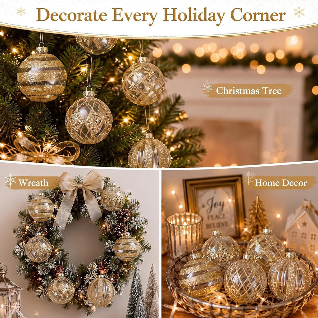 Glass Champagne Christmas Ball Ornaments, 3.15in Glitter Tree Decor - Set of 6