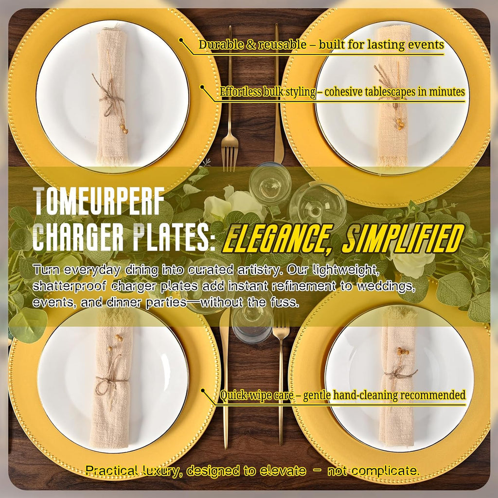 Gold Charger Plates Bulk Wedding - 13" Premium Gold Chargers for Dinner Plates, Decorative Charger Plates - Set of 10