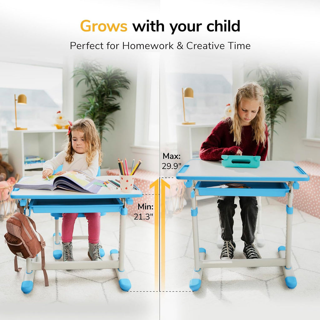Kids Desk and Chair Set, Height Adjustable Sturdy, Kid Study Workstation and Chair Set for Boys, Home School, Arts