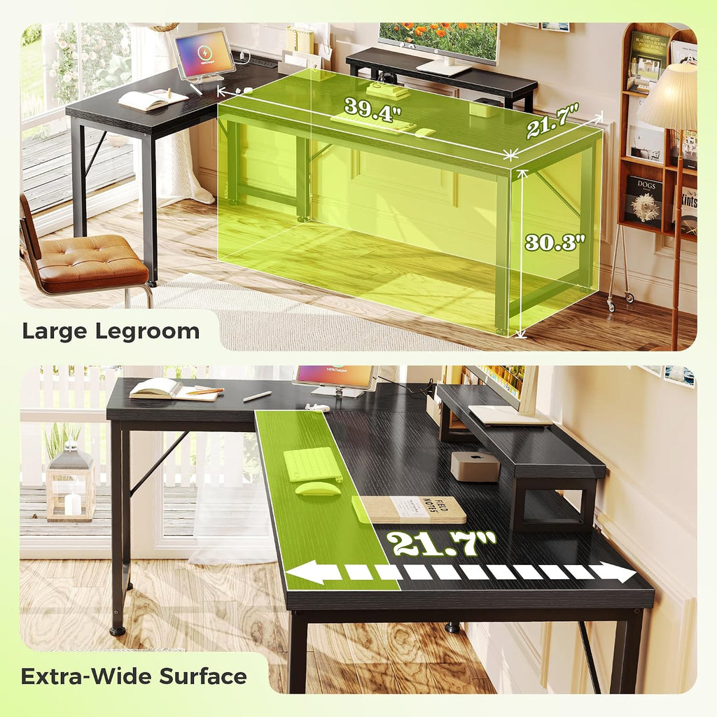 53" L Shaped Computer Desk, Power Outlets, Monitor Stand, Black | USB-C Ports, Reversible Charging Station, Spacious