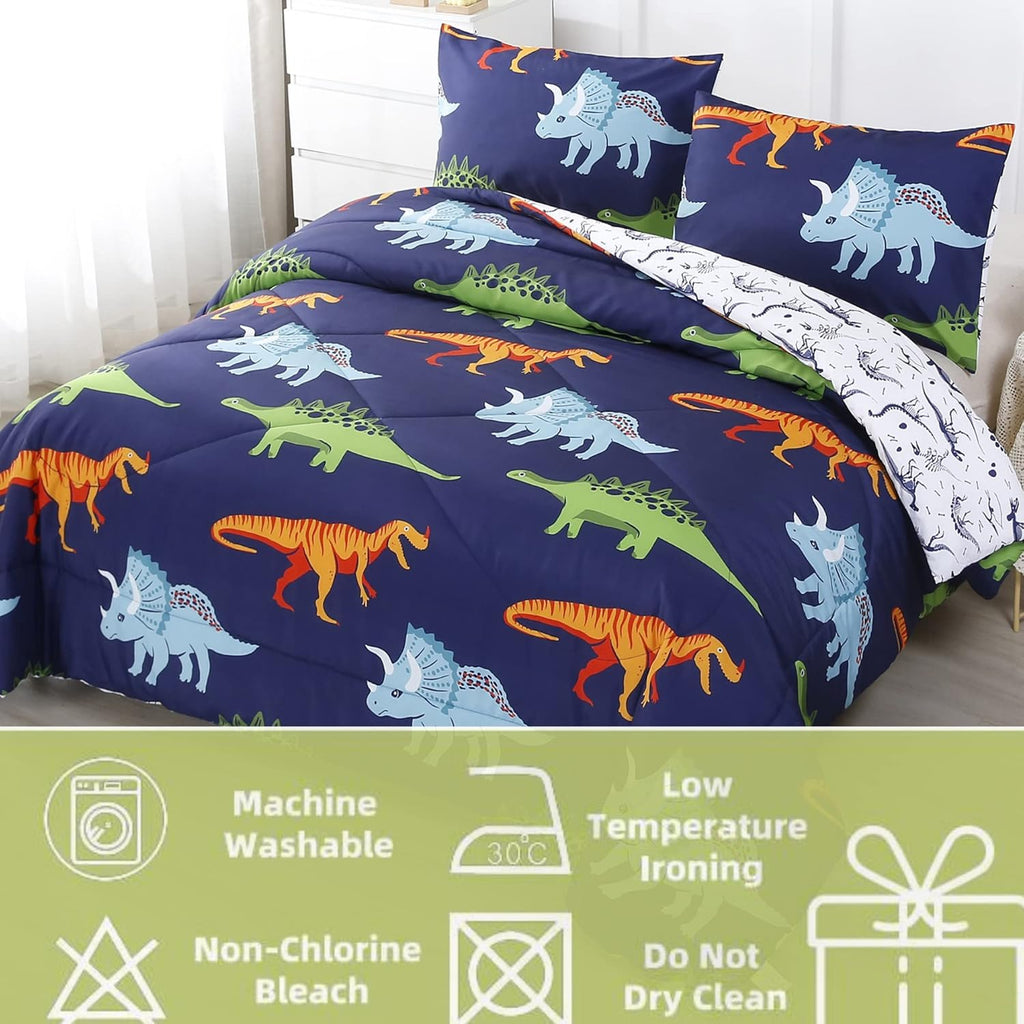 Cartoon Dinosaur Comforter Set, Dark Blue Dinosaur Kids Bedding Set for Boys, Dinosaurs Print Comforter Sets for