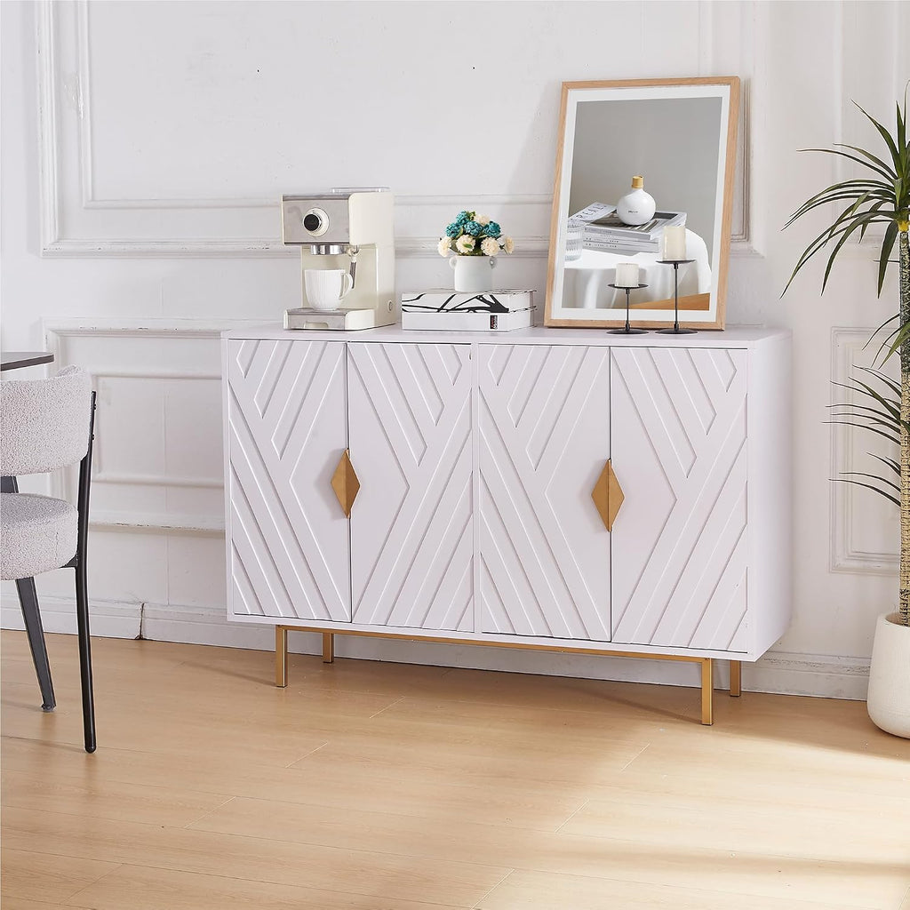 Sideboard Buffet Cabinets with Storage, Accent Storage Cabinets with Fluted Doors, Gold Metal Handle and Legs, Wood