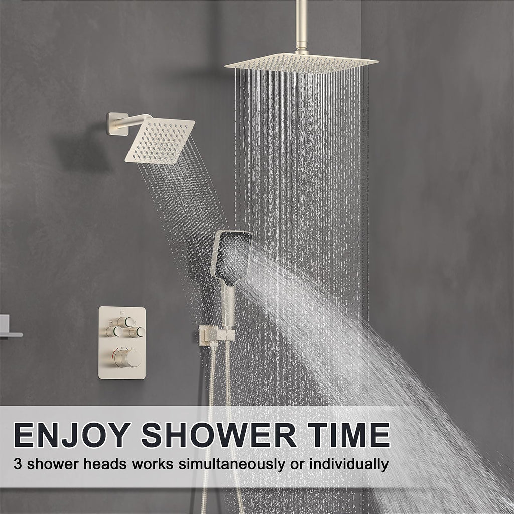 Thermostatic Shower System with Adjustable Water Flow Push Button Diverter, Square Dual Shower Heads Faucet Set with