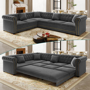115.3" Sectional Sleeper Sofa with Pull Out Bed, Oversized Comfy Button-Tufted Velvet L Shaped Convertible Sleeper