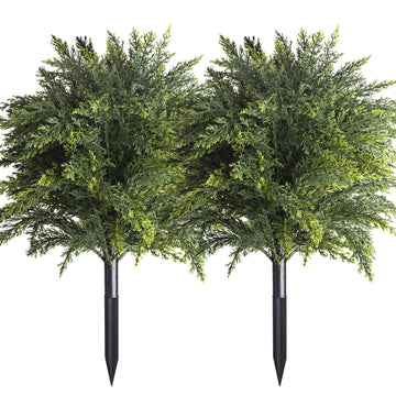 2-Pack Artificial Cedar Topiary Ball Trees 22" Outdoor UV Resistant Faux Cypress Shrubs with Ground Spike, Realistic