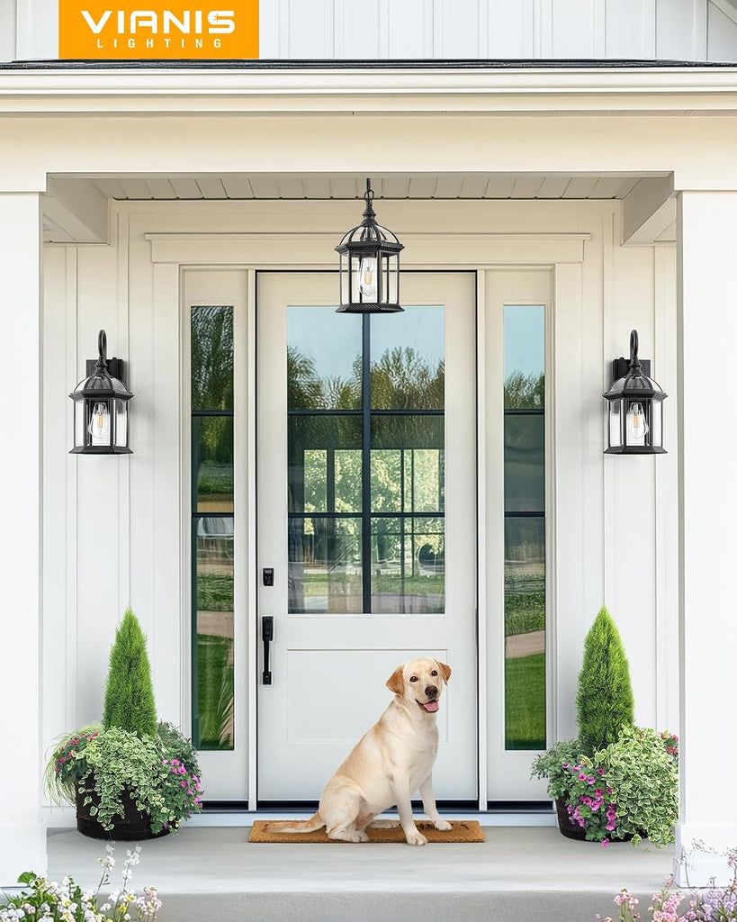 13.8" Large Outdoor Pendant Light Fixture, Black Hanging Porch Lights with Tempered Glass, Anti-Rust