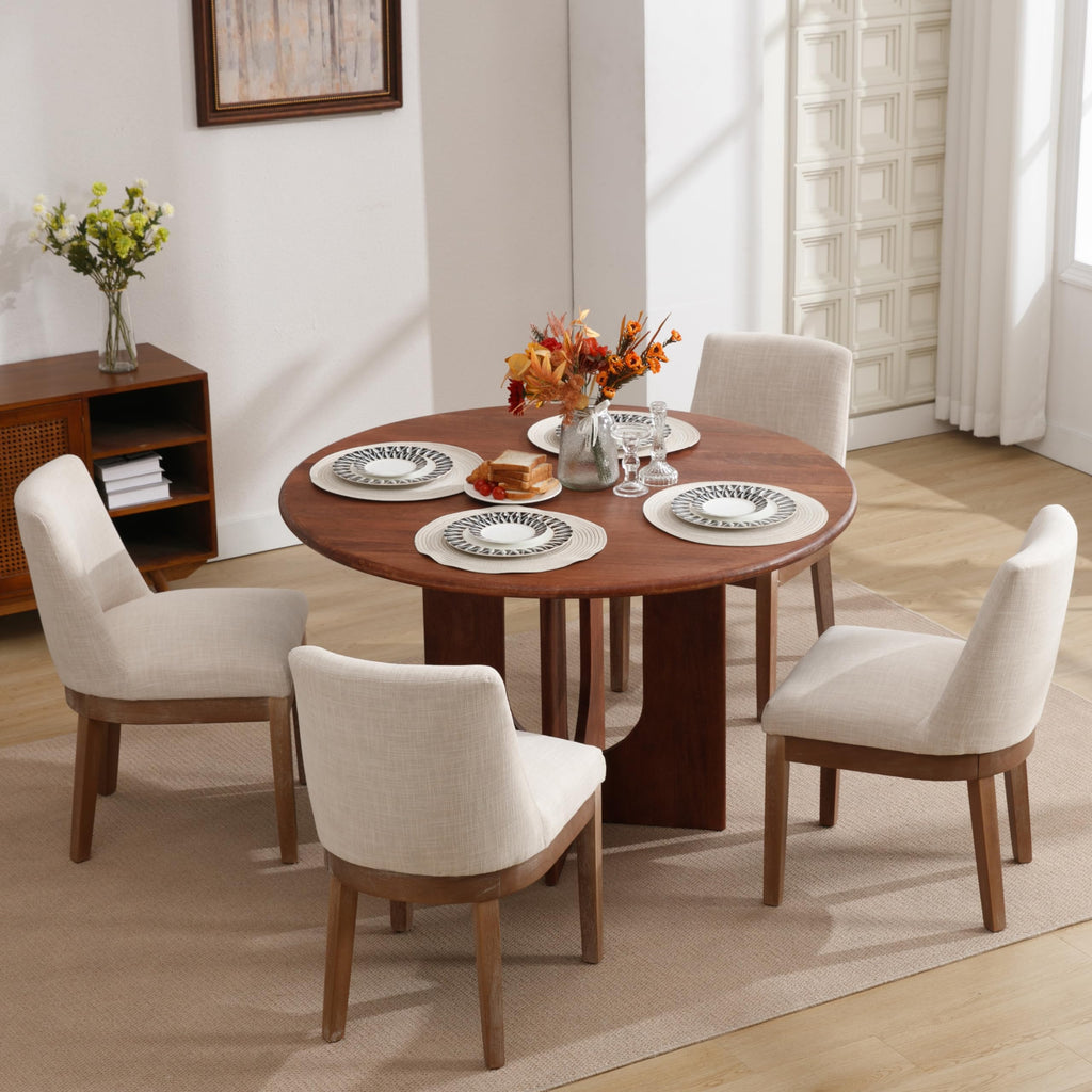 Upholstered Set of 6, Modern Wooden Dining Room Chair with Wood Legs, Linen Fabric Kitchen Chairs Farmhouse Dinner
