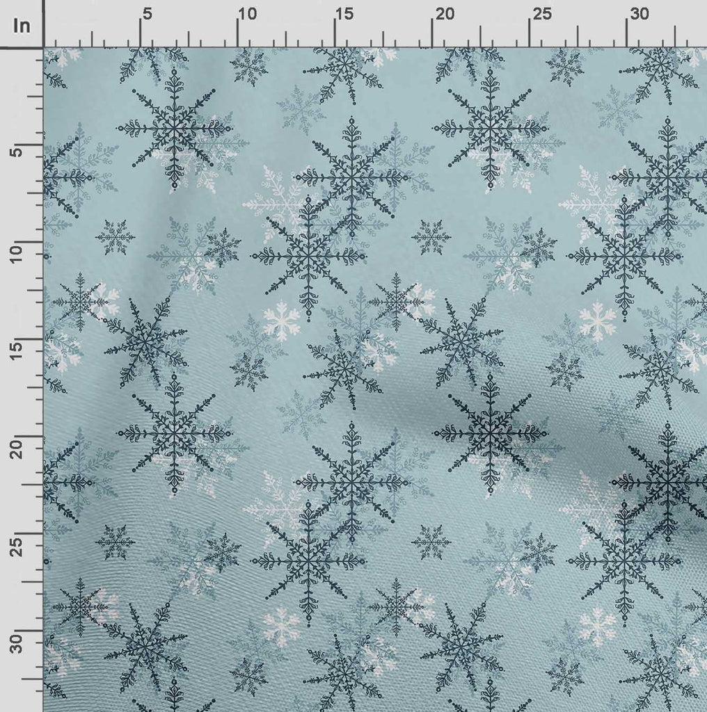 Sky Blue Cotton Canvas Fabric Snow Flakes & Star Fabric Prints by Yard 56 Inch Wide