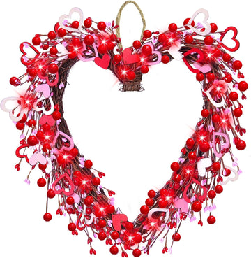 Valentine's Day Wreath Decoration with 20 Red LED Lights Timer Wood Hearts, Battery Operated 16 Inch Valentines Door