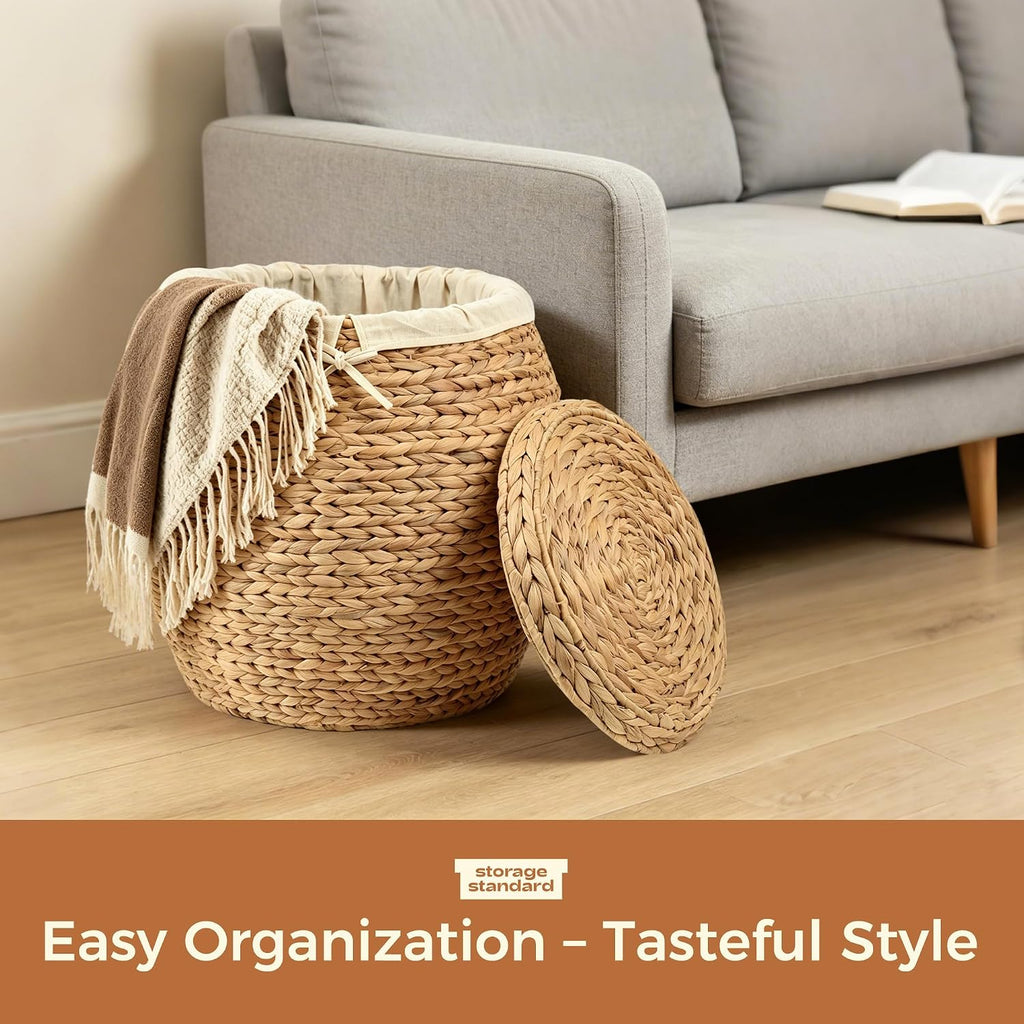 Wicker Basket with Lid Decorative Storage - Large Blanket Basket , Plants, Organization, Handwoven Water Hyacinth