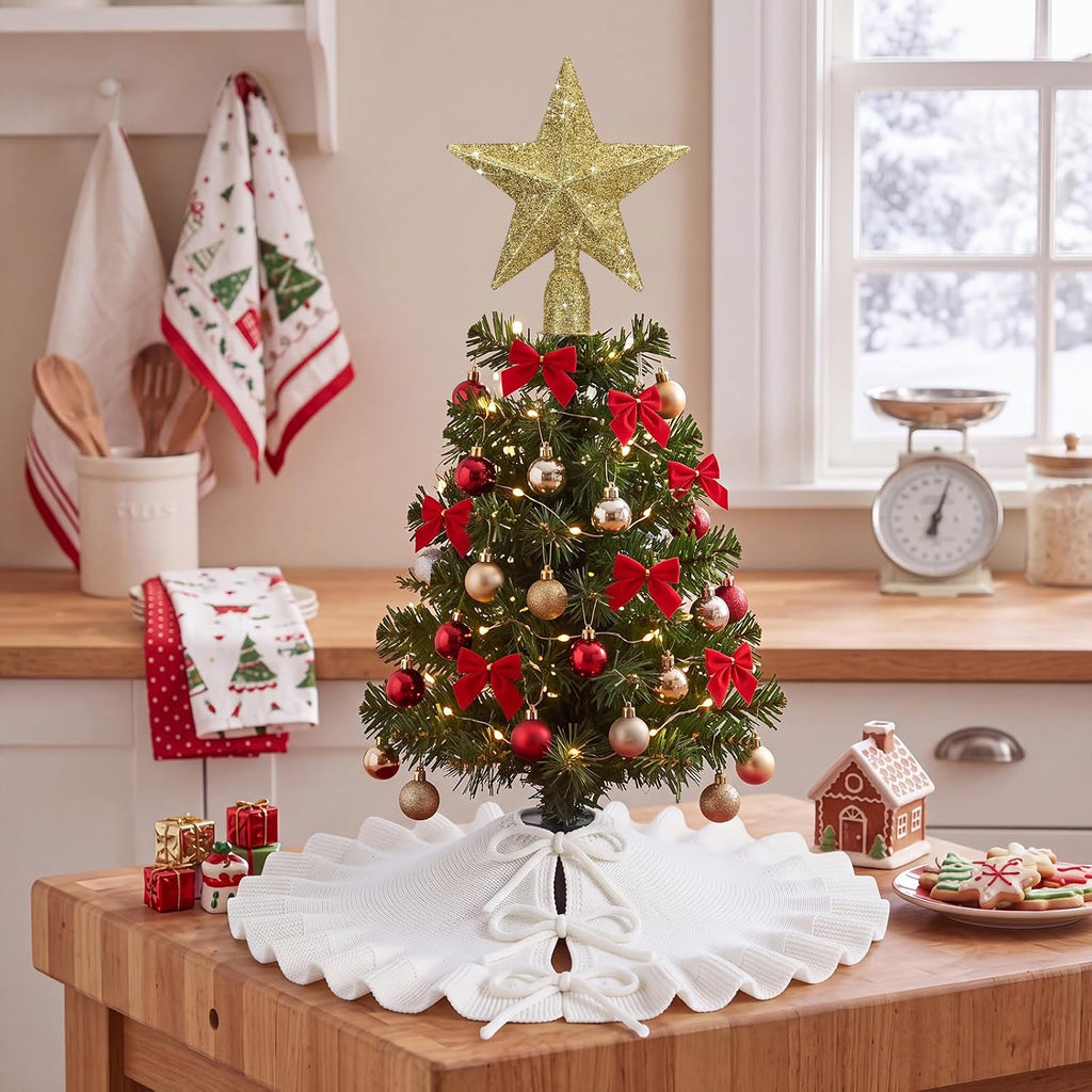 White Mini Christmas Tree Skirt 18" with Star Tree Topper - Set of 2
