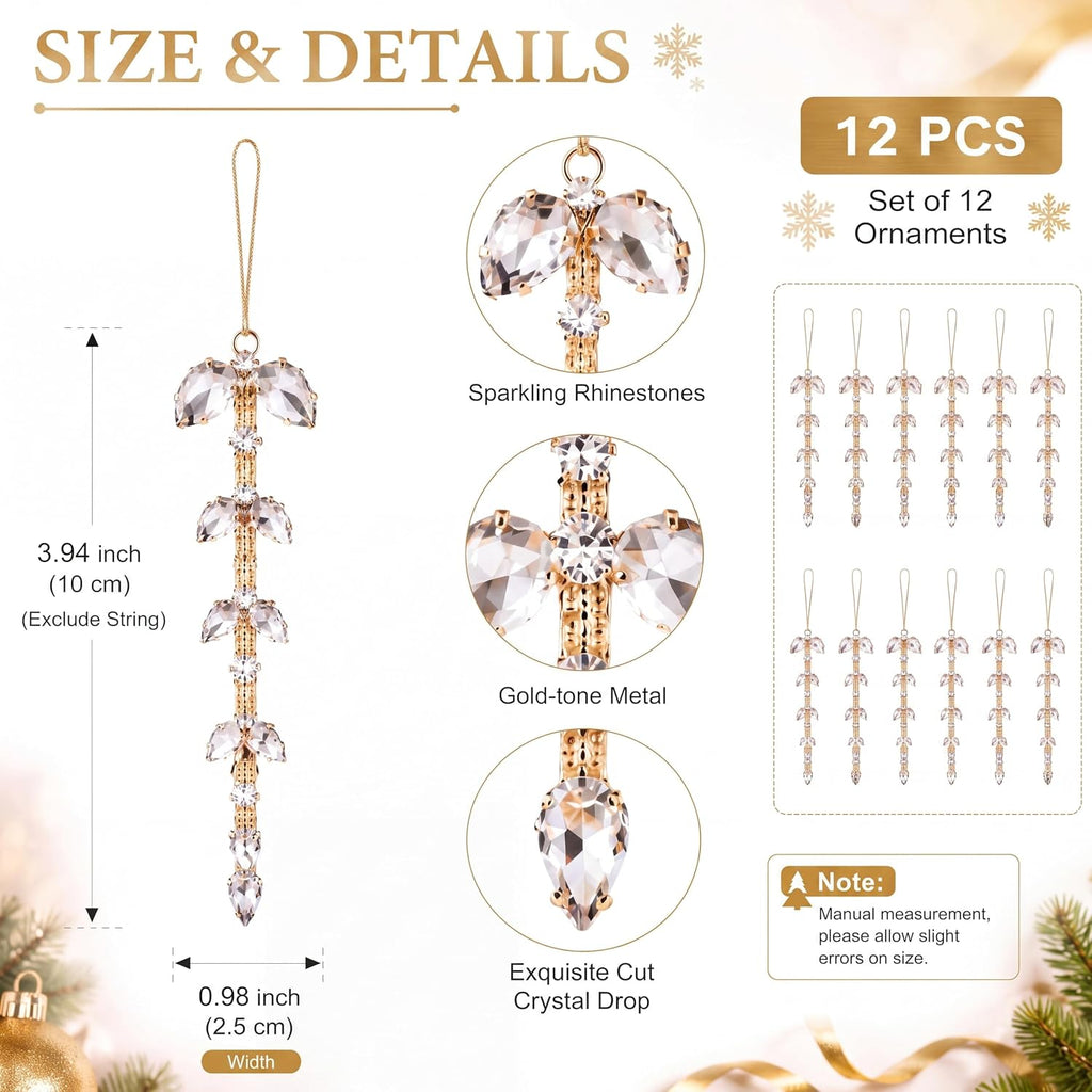 Christmas Crystal Ornaments, 4 Inch Gold Rhinestone Drop - Set of 12