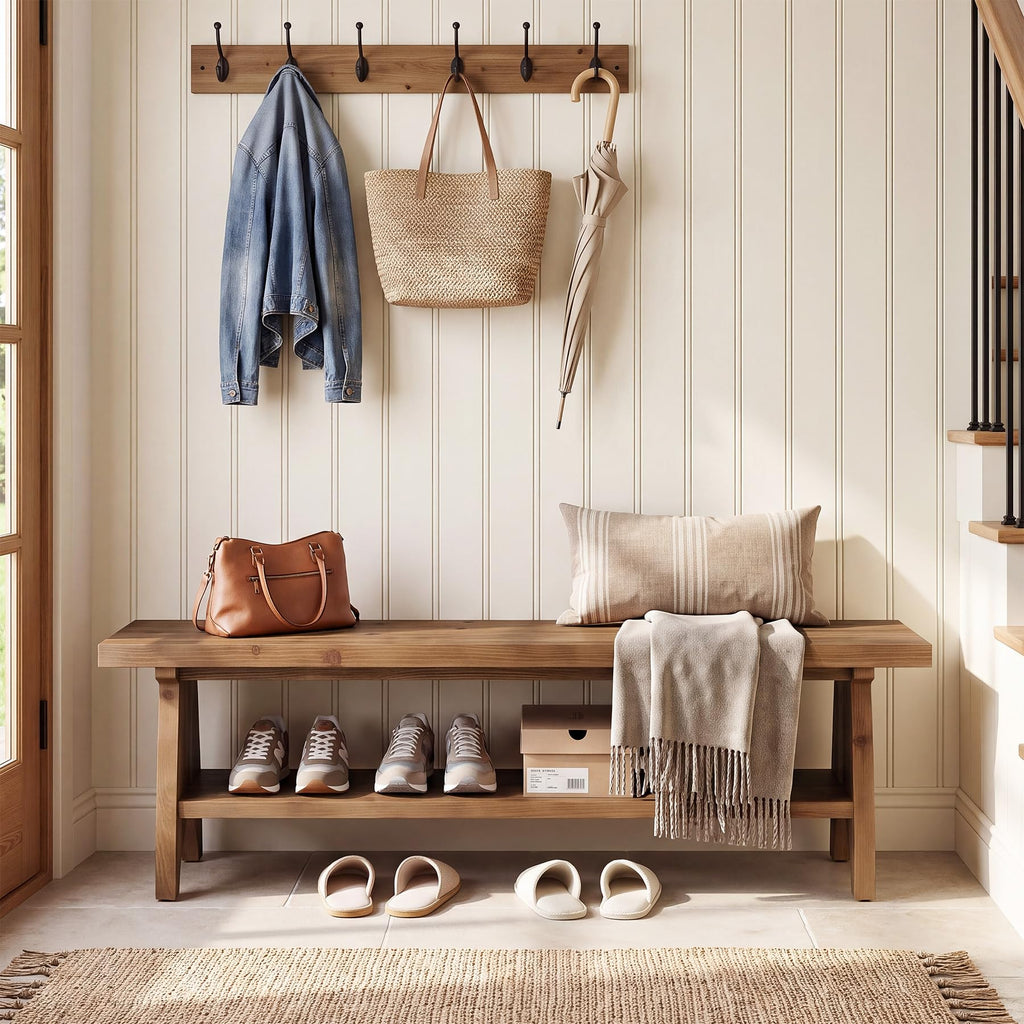Farmhouse Solid Wood Entryway Bench with Shoe Storage