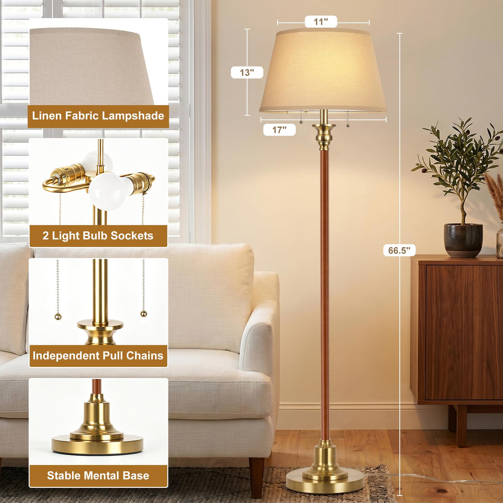 Floor Lamp, 66.5'' Rustic Farmhouse Pole Lamp with Double Pull Chain, Mid Century Modern Tall Standing Lamp