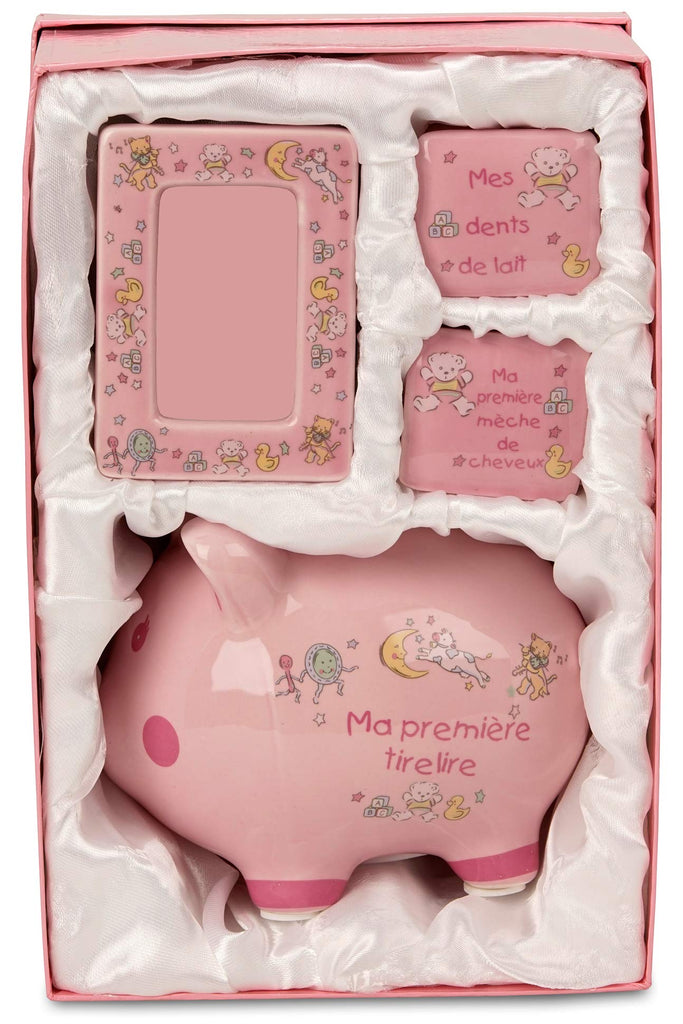 My First Piggy Bank Gift Set for Baby Boy - 4 Pcs Keepsake Gift Set Includes Piggy Bank, First Curl, First Tooth and