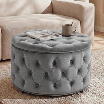 28 Inch Round Storage Ottoman, Velvet Button Tufted Ottoman, Removable Lid Coffee Table, Upholstered Hidden Storage