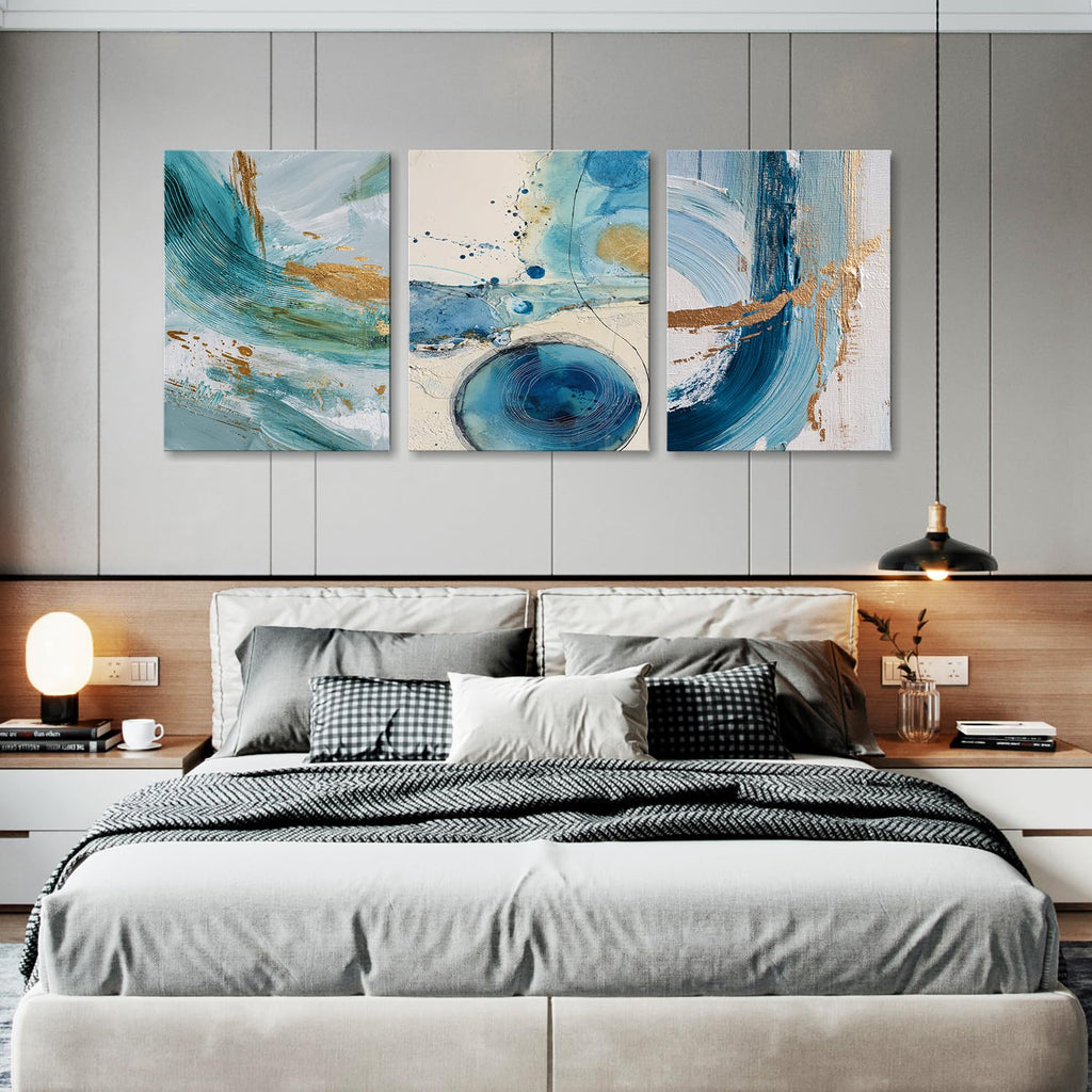 3 Piece Abstract Wall Art, Blue Teal and Gold Foil Canvas Prints, Modern Minimalist Ocean Abstract Painting, Framed