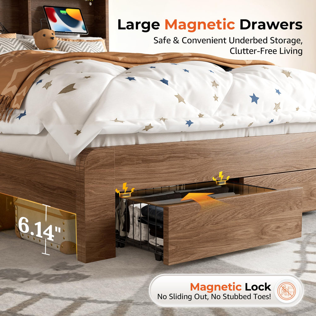 Full Size Bed Frame with 2-Tier Storage Headboard, LED Lights, Charging Station, 2 Drawers, 800lbs Capacity, Wood &